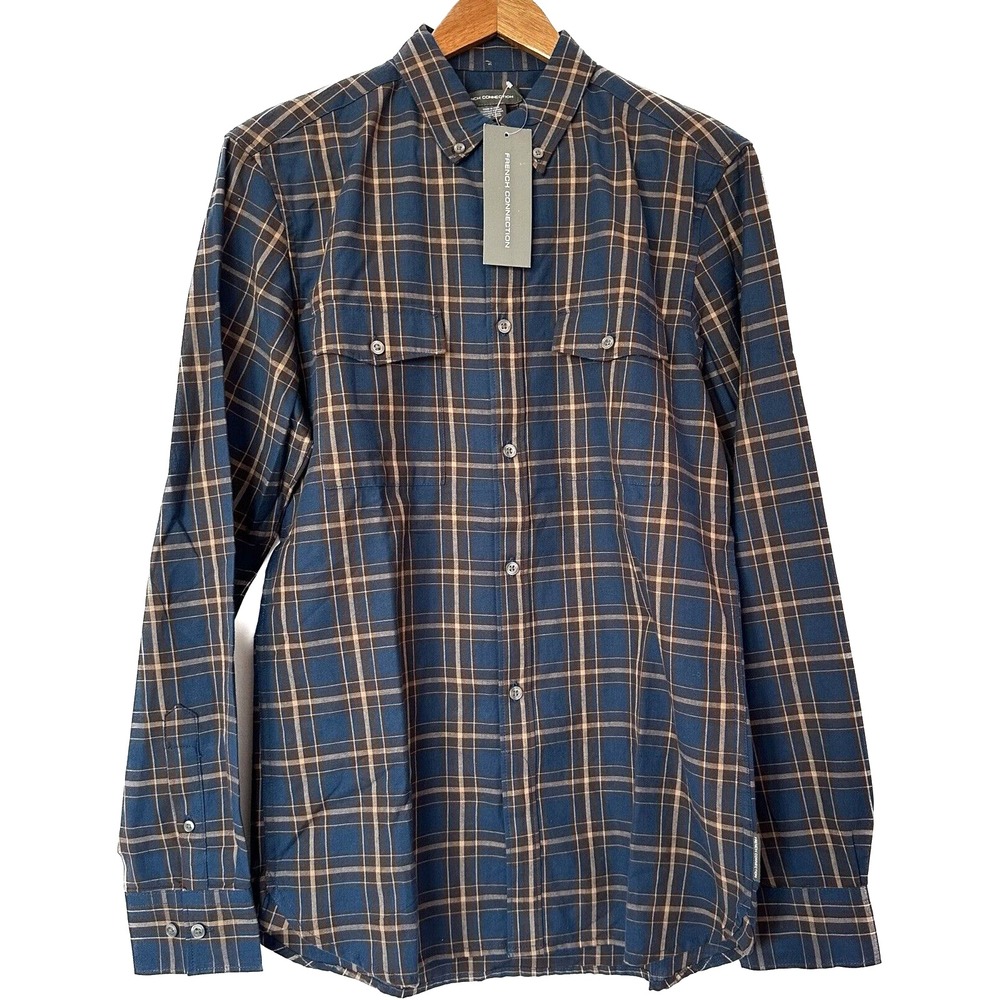 French Connection Shirt Men's Small Button Down  Pockets Plaid 100% Cotton Top
